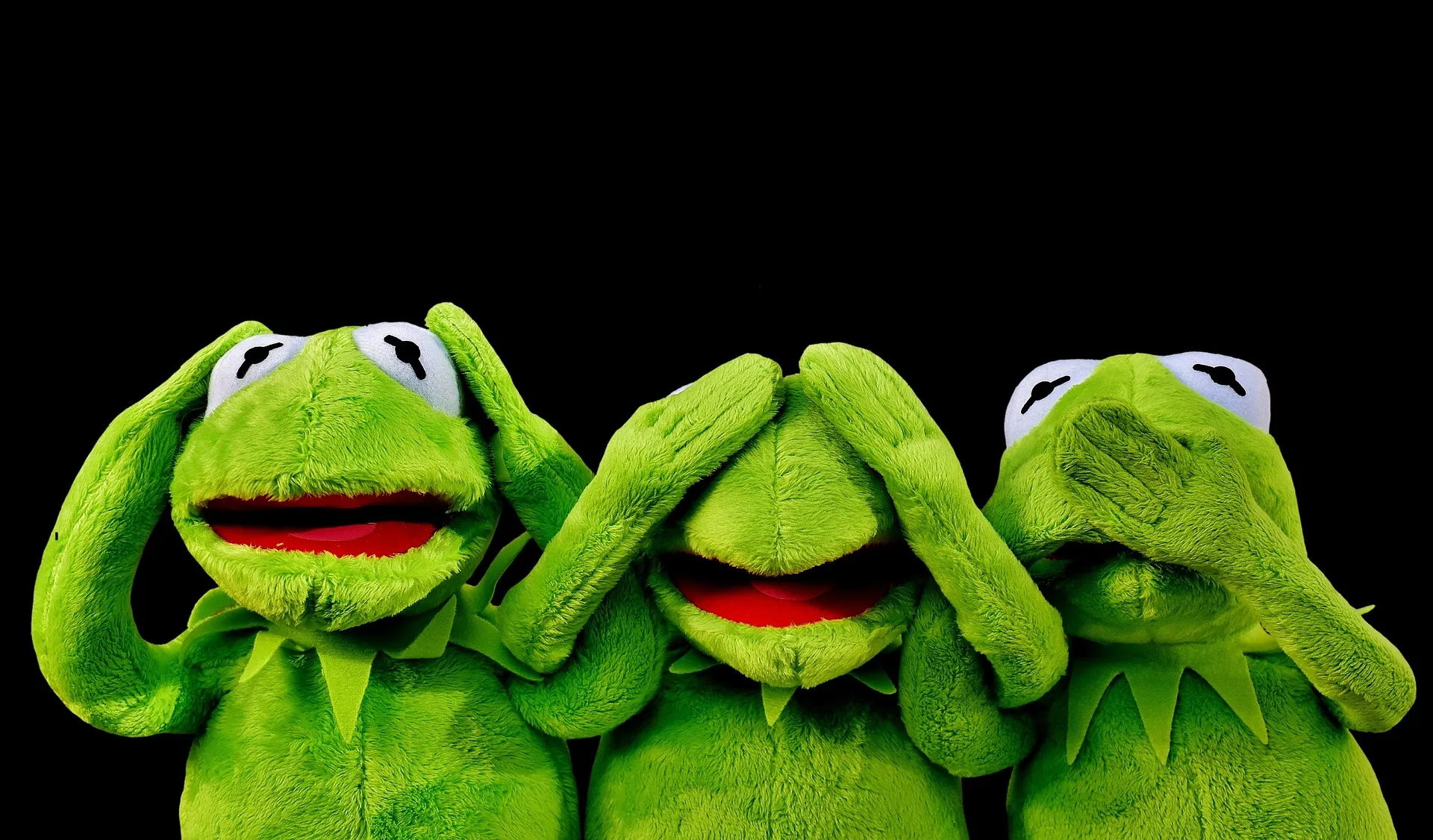 Kermit the Frog in a hear-no-evil, see-no-evil, speak-no-evil pose